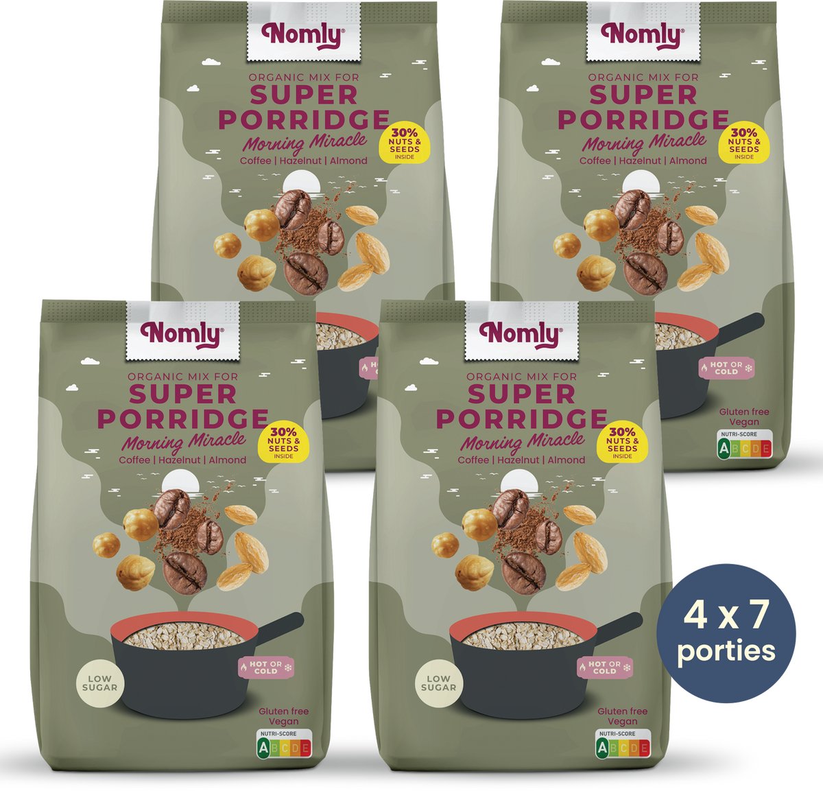 Nomly Havermout Morning Miracle - Koffie Hazelnoot Amandel - 4 x 280g - ontbijtgranen - overnight oats - laag in suikers - gezond - vegan - 100% glutenvrij - biologisch