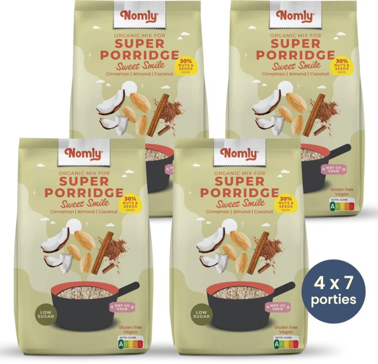 Nomly Havermout Sweet Smile - Kaneel Amandel Kokos - 4 x 280g - ontbijtgranen - overnight oats - laag in suikers - gezond - vegan - 100% glutenvrij - biologisch