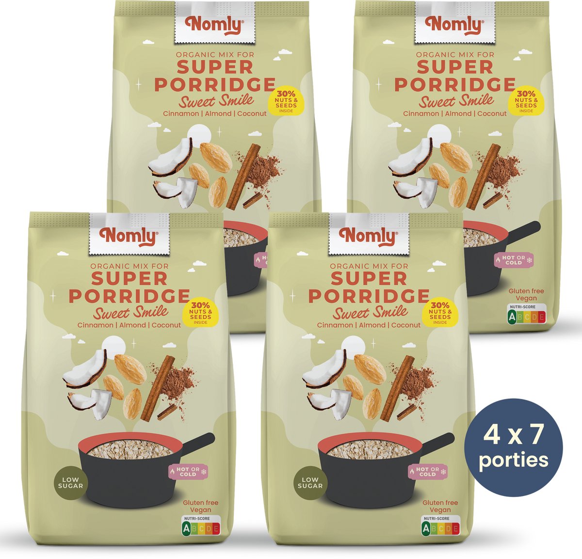 Nomly Havermout Sweet Smile - Kaneel Amandel Kokos - 4 x 280g - ontbijtgranen - overnight oats - laag in suikers - gezond - vegan - 100% glutenvrij - biologisch