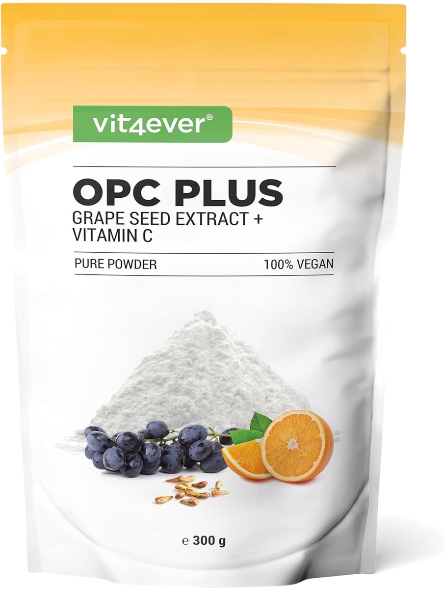 OPC Druivenpitextract + Vitamine C - 300g poeder - Zuiver OPC van Europese druiven - 70% OPC-gehalte volgens HPLC-methode (95% volgens Bate-Smith) - Met natuurlijke vitamine C - Veganistisch - Vit4ever