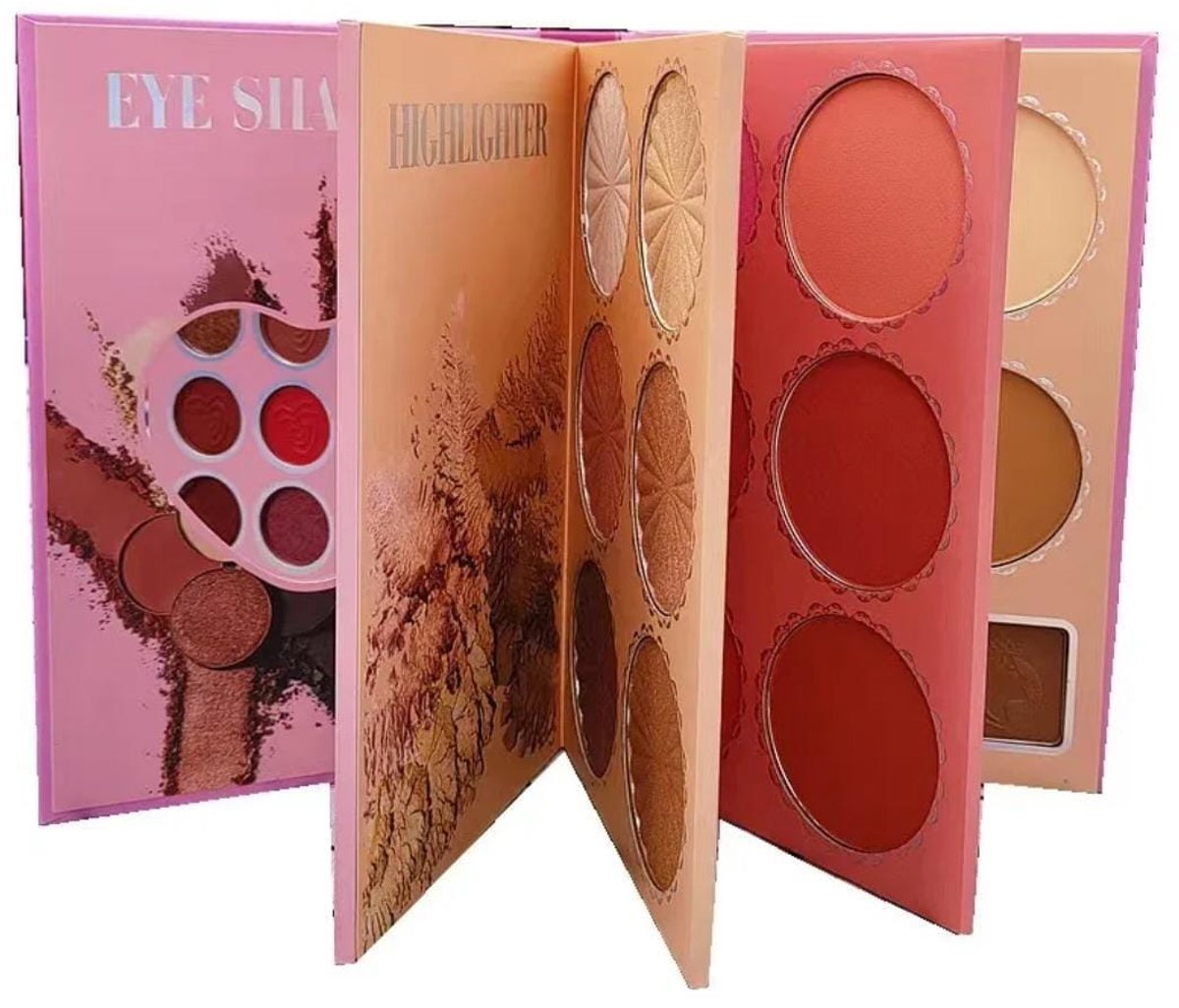Oogschaduw - Prachtig Make-up Boek 4-in-1 met 4 Paletten - 24 Oogschaduws, 6 Highlighters, 6 Blushes, 4 Compact Poeders + 3 Wenkbrauwpoeders -Spiegel- Professionele Make-up, Hoge Pigmentatie, 100% Vegan & Dierproefvrij - Het Perfecte Cadeau