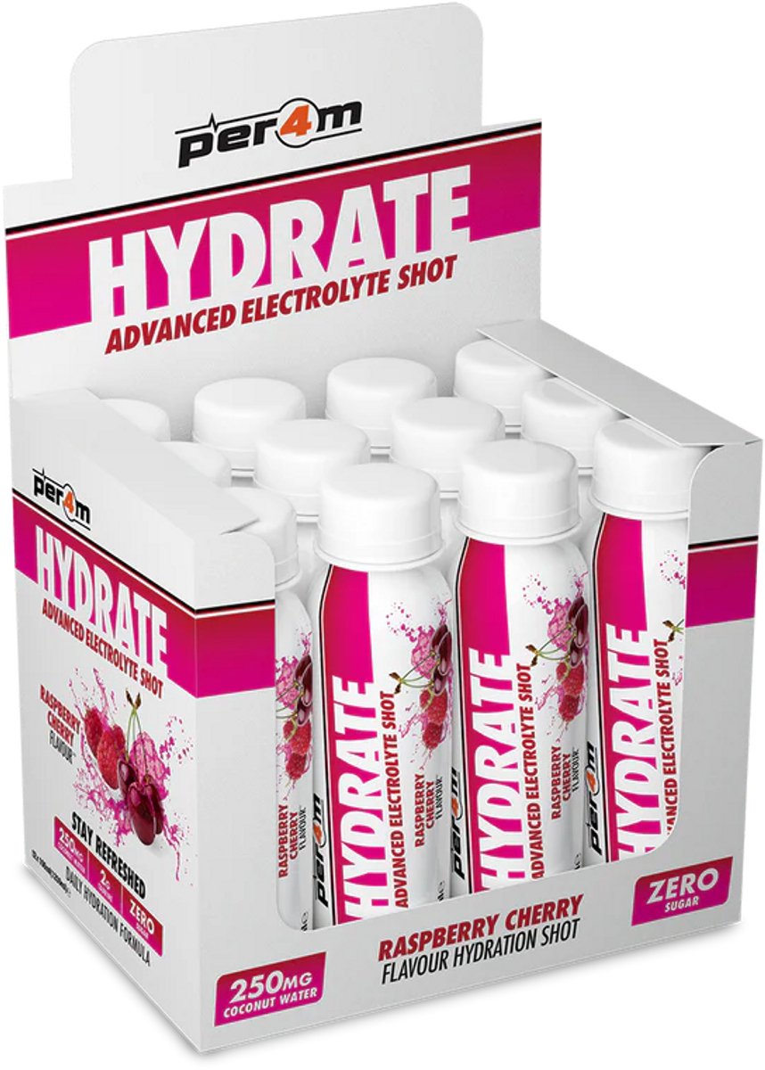 Per4m - Hydrate Electrolyte Shots - Raspberry Cherry - 12x100ml - Suikervrij - 2g Taurine - 250mg Kokoswater poeder - Hydratatie - Magnesium - Fitness - Duursport - Wielrennen - Elektrolyten