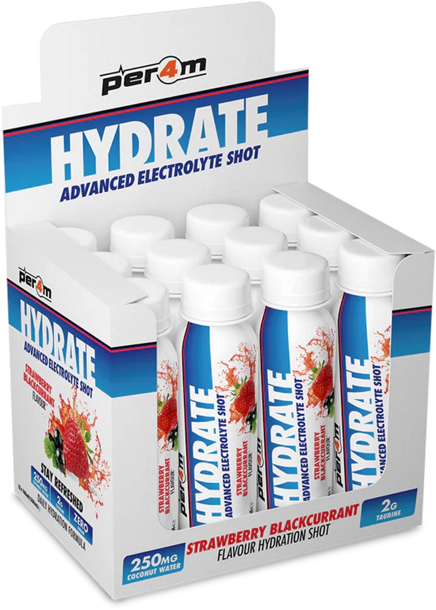 Per4m - Hydrate Electrolyte Shots - Strawberry Blackcurrant - 12x100ml - Suikervrij - 2g Taurine - 250mg Kokoswater poeder - Hydratatie - Magnesium - Fitness - Duursport - Wielrennen - Elektrolyten