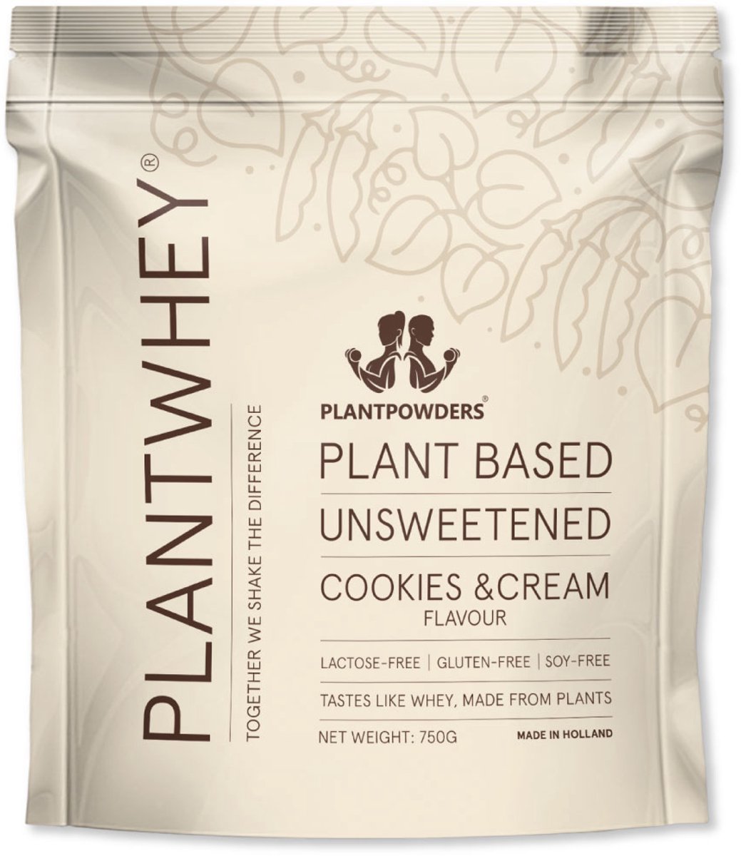 Plantpowders - Plantwhey® Ongezoet - S'Werelds Eerste Plantaardige Eiwitshake Zonder Zandsmaak! - Lactosevrij - Proteïne Poeder - Eiwitpoeder - Vegan Proteïne Shake - Cookies & Cream - 750 gram (30 shakes)