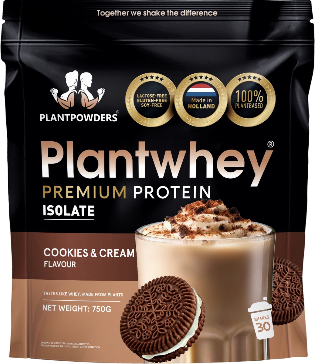Plantpowders - Plantwhey® - S'Werelds Eerste Plantaardige Eiwitshake Zonder Zandsmaak! - Lactosevrij - Proteïne Poeder - Eiwitpoeder - Vegan Proteïne Shake - Cookies & Cream - 750 gram (30 shakes)