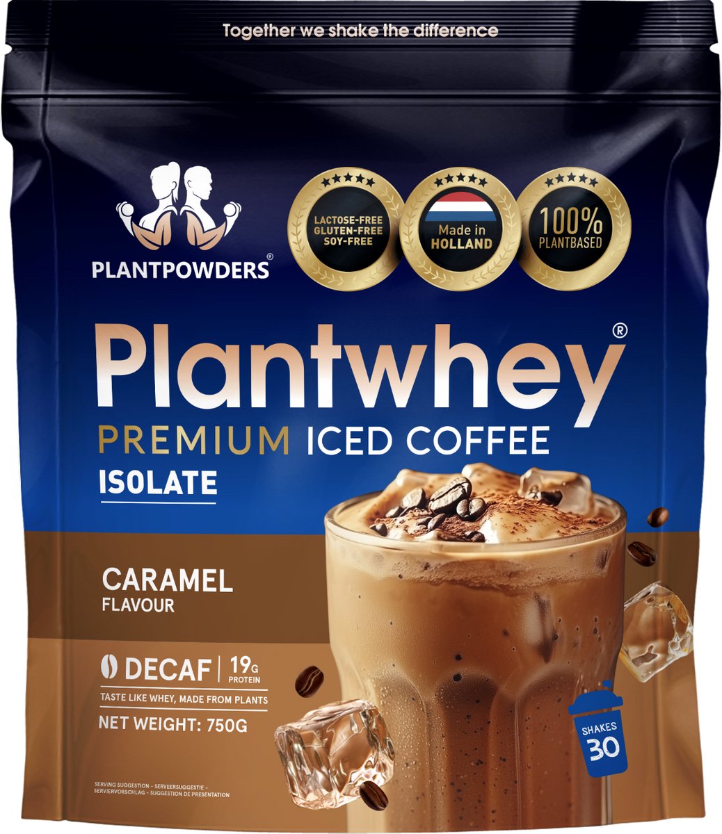 Plantpowders - Plantwhey® - S'Werelds Eerste Plantaardige Eiwitshake Zonder Zandsmaak! - Lactosevrij - Proteïne Poeder - Eiwitpoeder - Vegan Proteïne Shake - Iced Coffee Caramel Decaf - 750 gram (30 shakes)