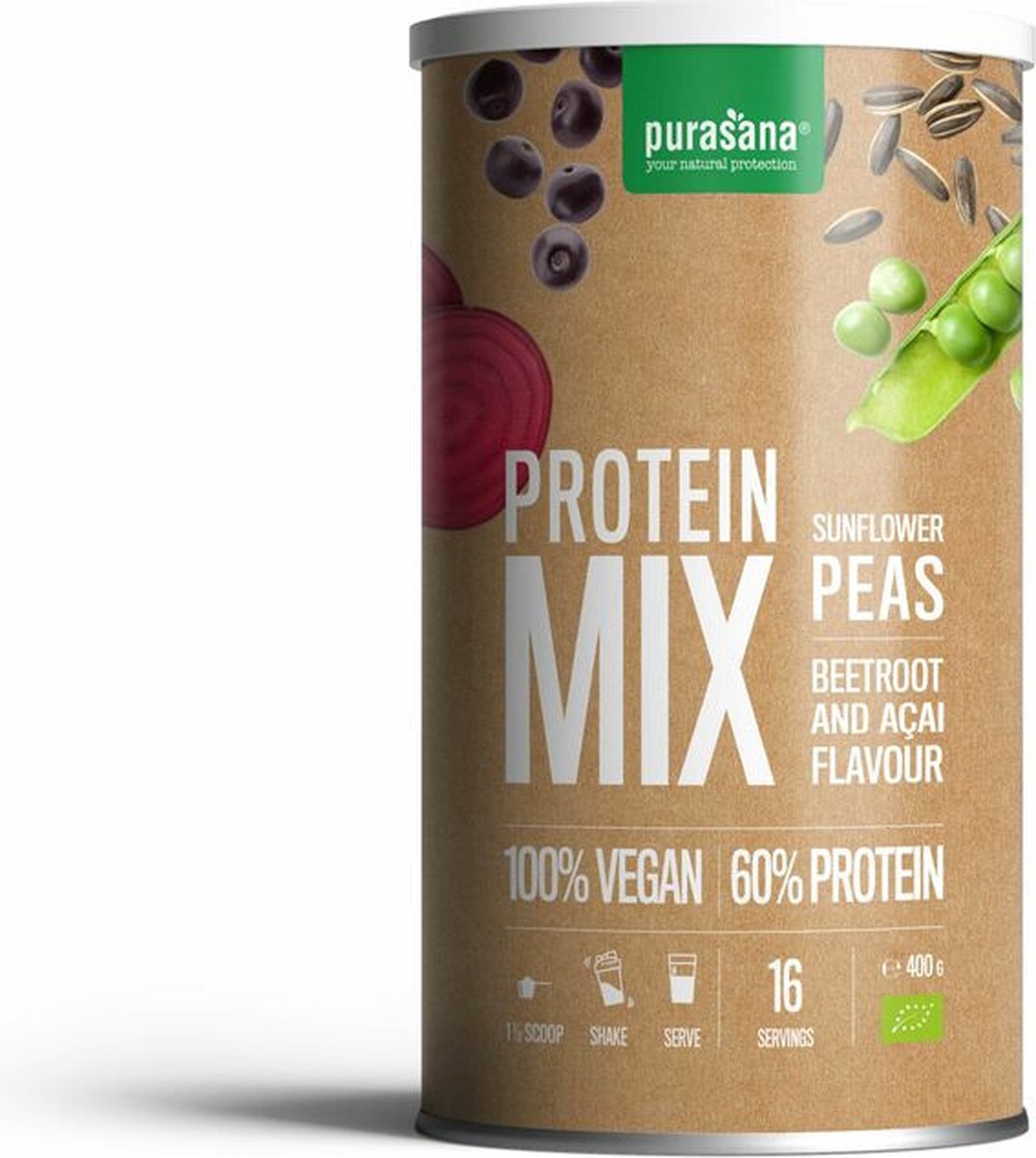 Purasana Protein mix pea sunflower beetroot acai vegan bio 400 Gram