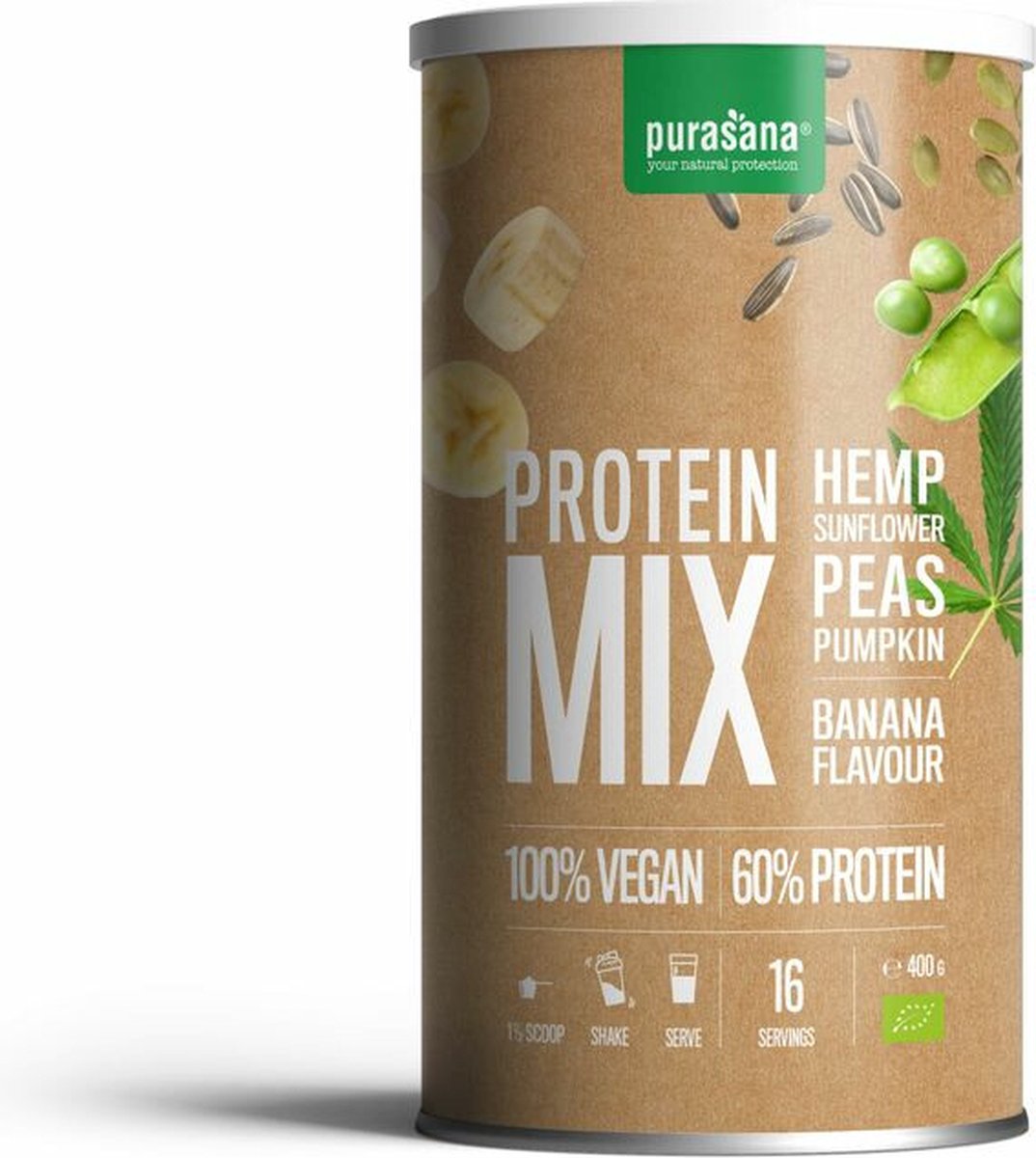 Purasana Protein mix pea sunflower hemp banana vegan bio 400 Gram
