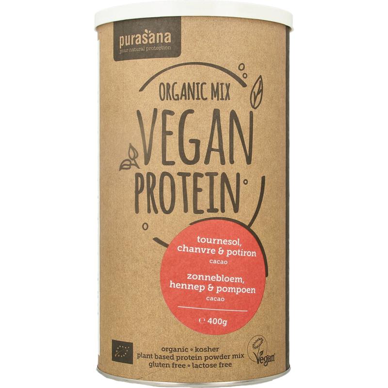 Purasana Proteine zonnebloem hennep pompoen cacao vegan bio 400 gram