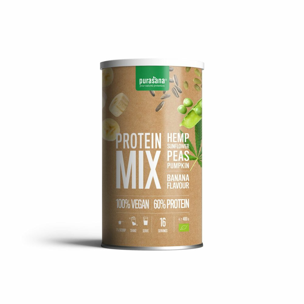 Purasana Vegan Erwt Hennep Zonnebloem Pompoen Proteine Mix Banaan BIO 400 gr