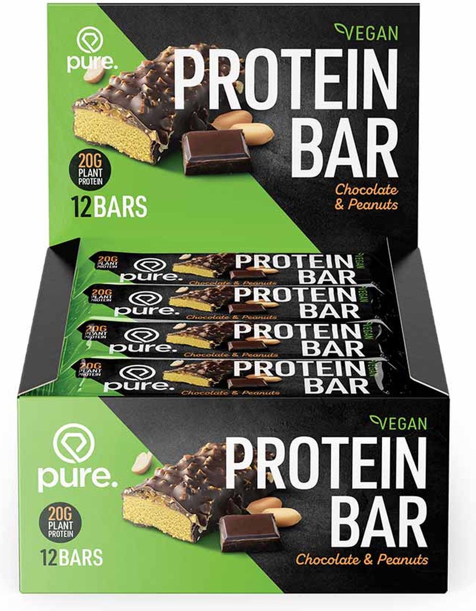 Pure. Protein Bar Vegan - Eiwitrepen - Eiwit reep - Eiwit Snack - Eiwitreep Vegan - Plantaardige Proteïne - Chocolade Peanut - 12 repen