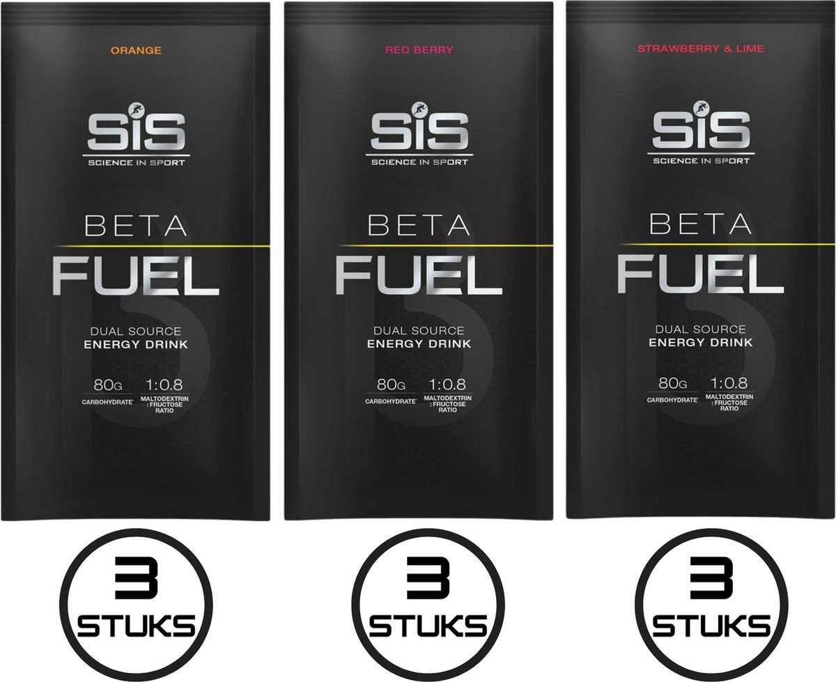 Science in Sport - SIS Beta Fuel 80 Poeder - Dual Source Energy Drink - 1 : 0,8 Maltodextrine Fructose verhouding - Strawberry & Lime, Red Berry, Orange Smaak - 9 x 82 gram
