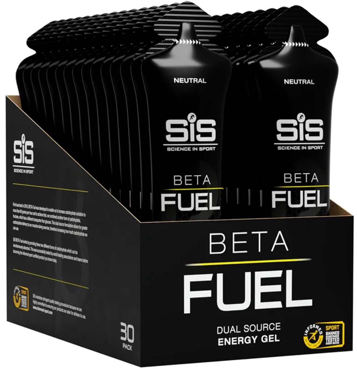 Science in Sport - SIS Beta Fuel - Dual Source energy gel - Neutraal smaak - 1 : 0,8 Maltodextrine Fructose verhouding - 40 gram koolhydraten per gel - 30 x 60ml