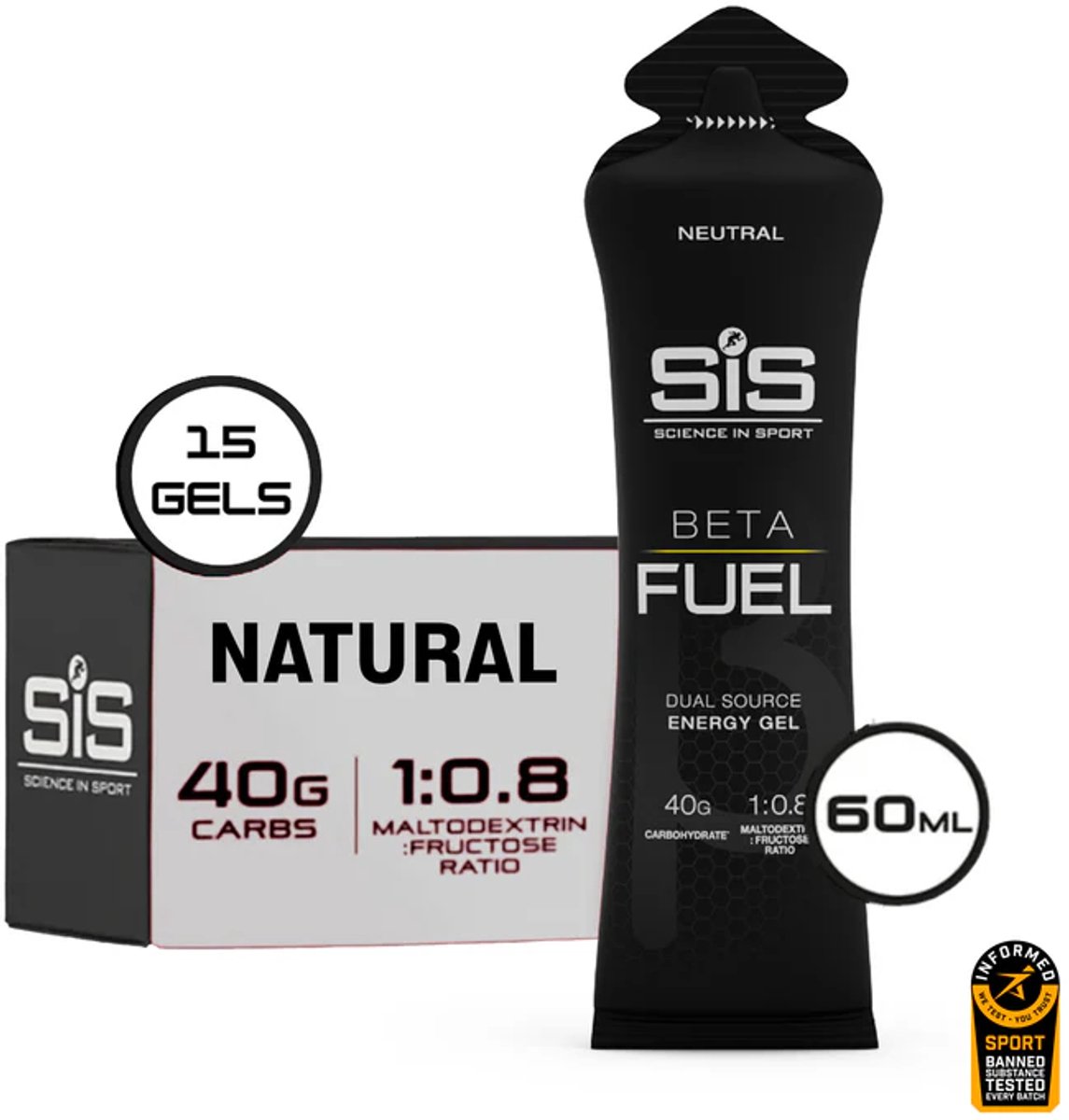 Science in Sport - SIS Beta Fuel - Dual Source energy gel - Neutraal smaak - 1 : 0,8 Maltodextrine Fructose verhouding - 40 gram koolhydraten per gel - 15 x 60ml