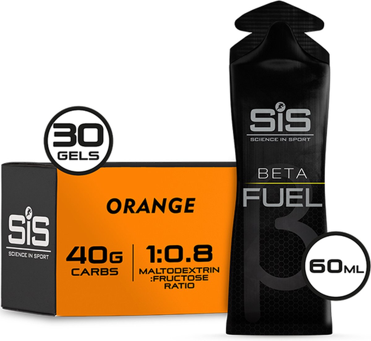 Science in Sport - SIS Beta Fuel - Dual Source energy gel - Orange smaak - 1 : 0,8 Maltodextrine Fructose verhouding - 40 gram koolhydraten per gel - 30 x 60ml
