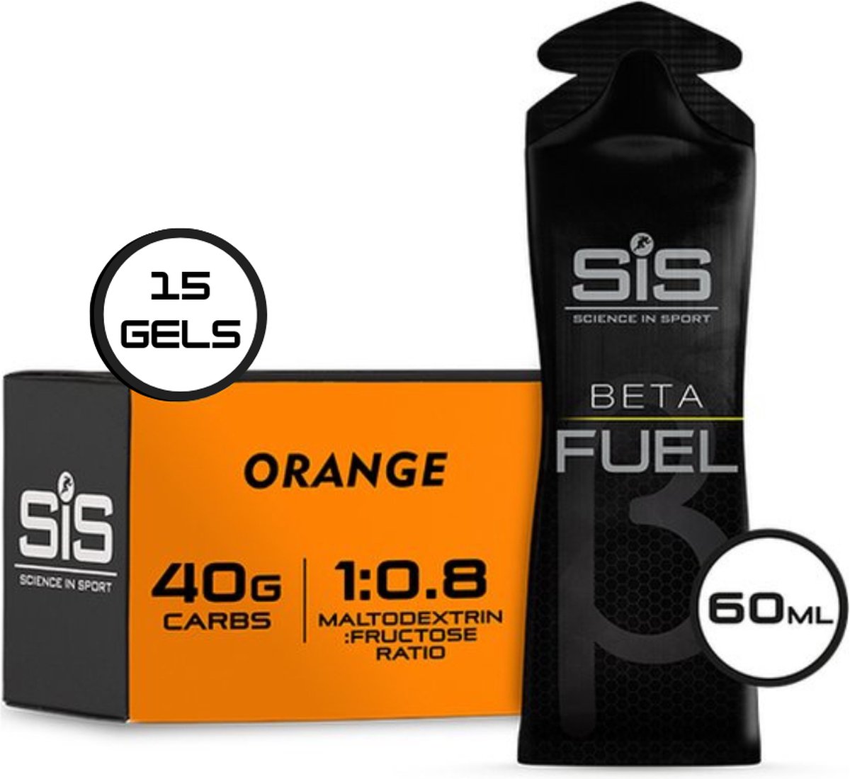 Science in Sport - SIS Beta Fuel - Dual Source energy gel - Orange smaak - 1 : 0,8 Maltodextrine Fructose verhouding - 40 gram koolhydraten per gel - 15 x 60ml