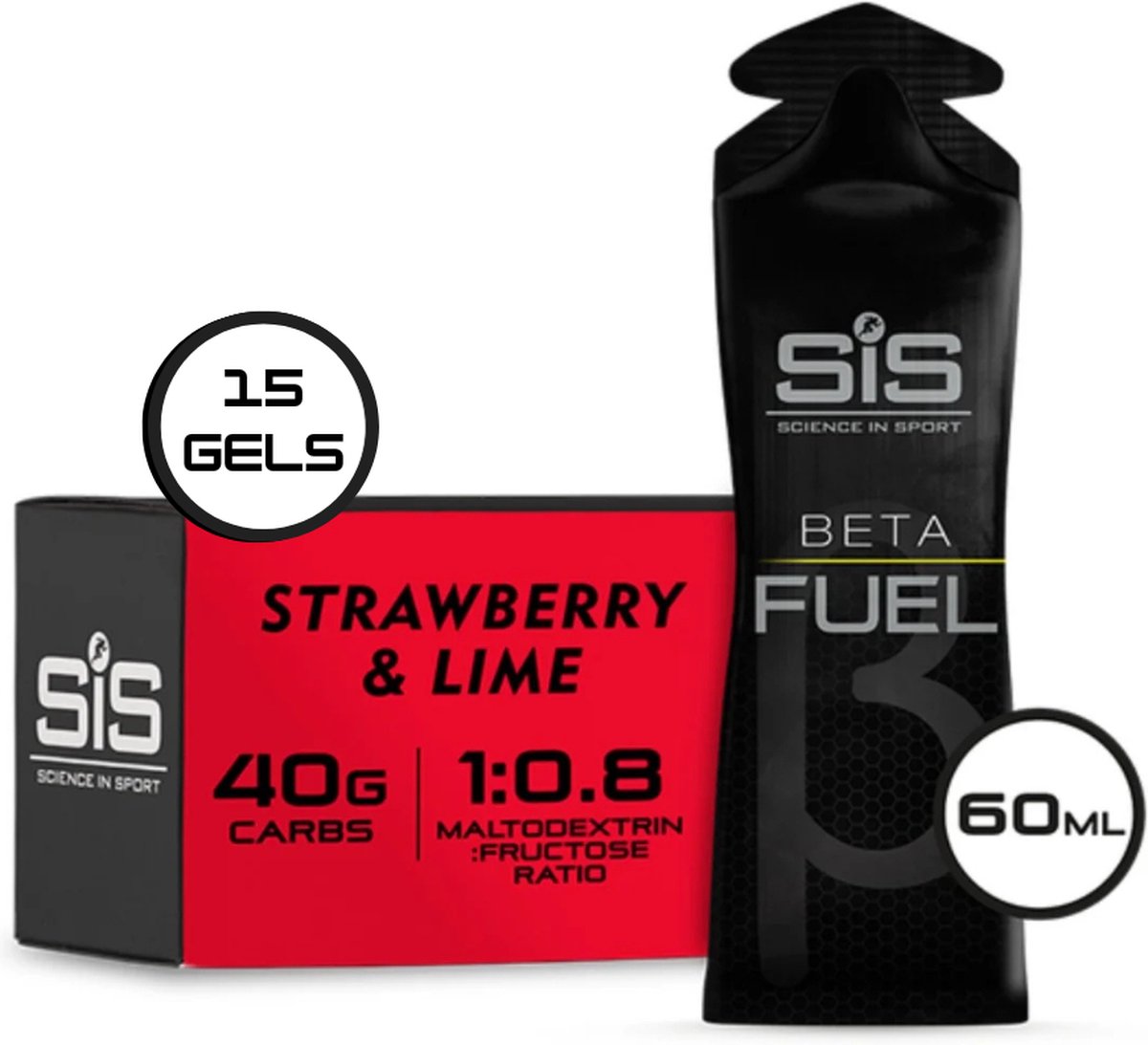 Science in Sport - SIS Beta Fuel - Dual Source energy gel - Strawberry & Lime smaak - 1 : 0,8 Maltodextrine Fructose verhouding - 40 gram koolhydraten per gel - 15 x 60ml