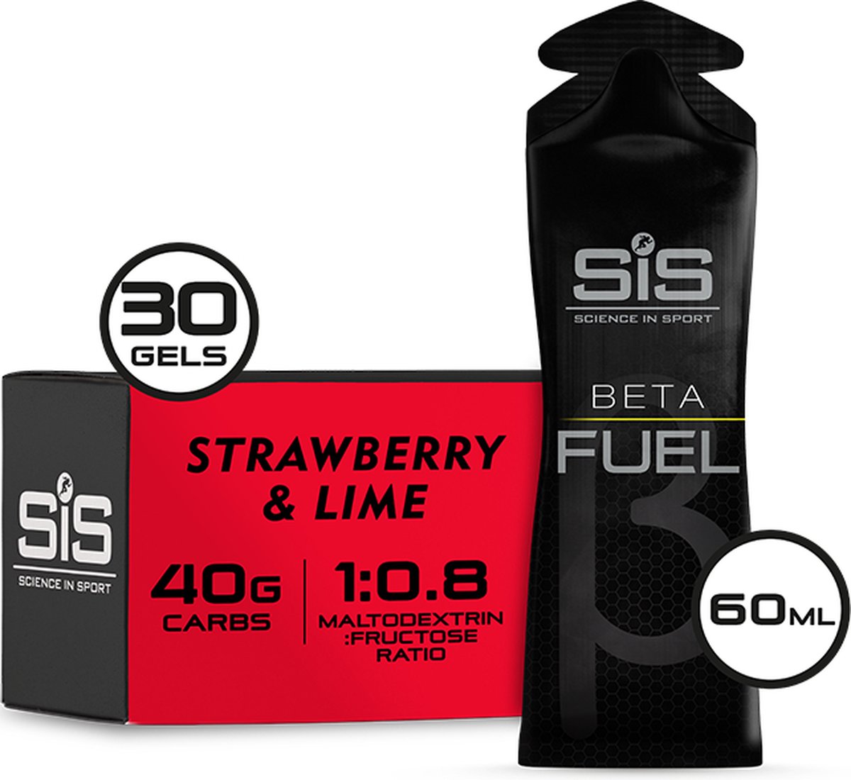 Science in Sport - SIS Beta Fuel - Dual Source energy gel - Strawberry & Lime smaak - 1 : 0,8 Maltodextrine Fructose verhouding - 40 gram koolhydraten per gel - 30 x 60ml