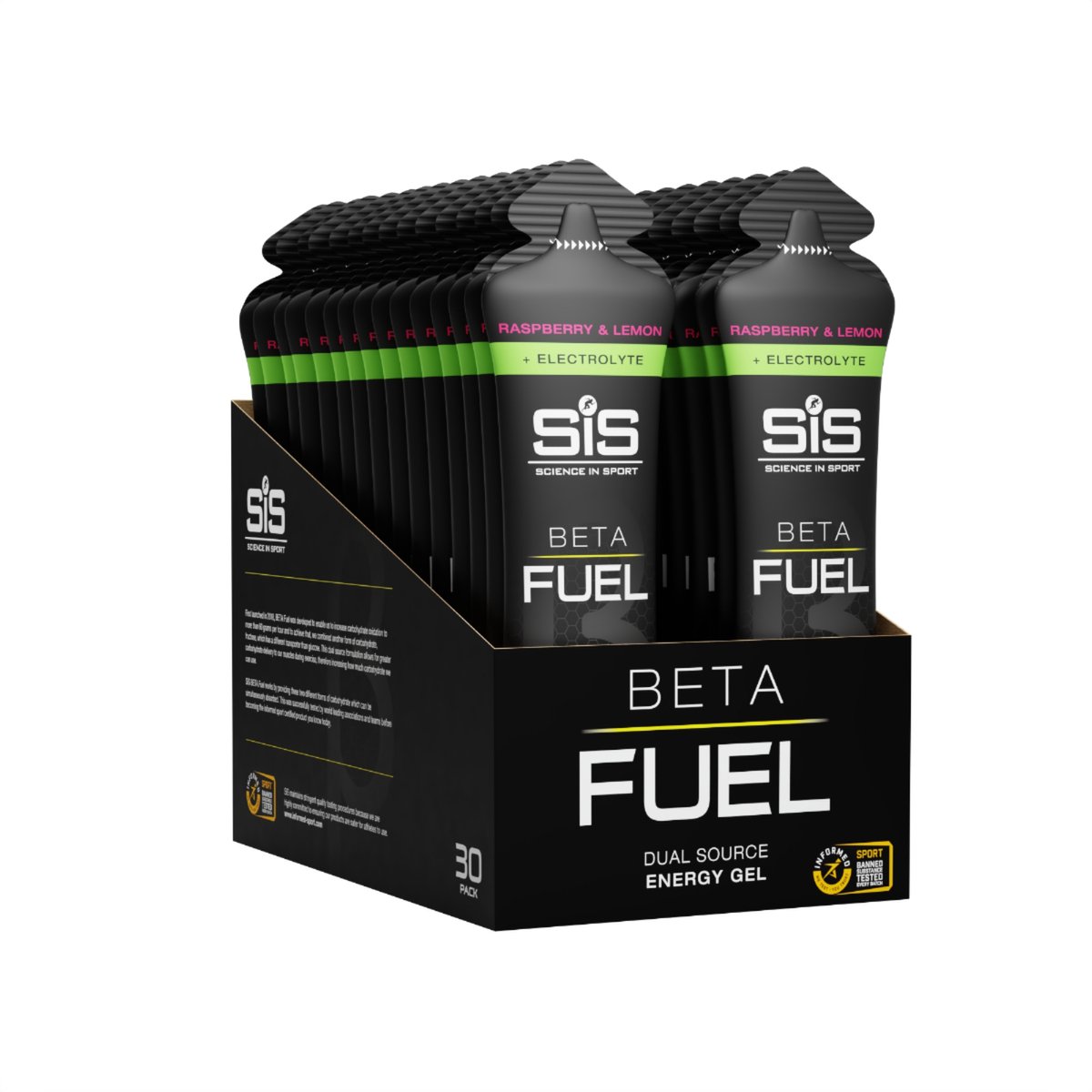Science in Sport - SIS Beta Fuel + Electrolyte Gel - Raspberry & Lemon smaak - 1:0,8 Maltodextrine-Fructose verhouding - 40 gram koolhydraten + 200mg natrium per gel - 30 x 60ml