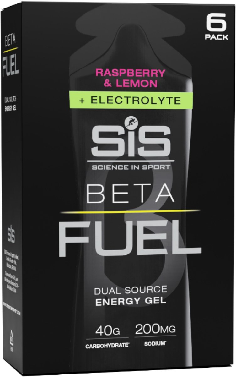 Science in Sport - SIS Beta Fuel + Electrolyte Gel - Raspberry & Lemon smaak - 1:0,8 Maltodextrine-Fructose verhouding - 40 gram koolhydraten + 200mg natrium per gel - 6 x 60ml
