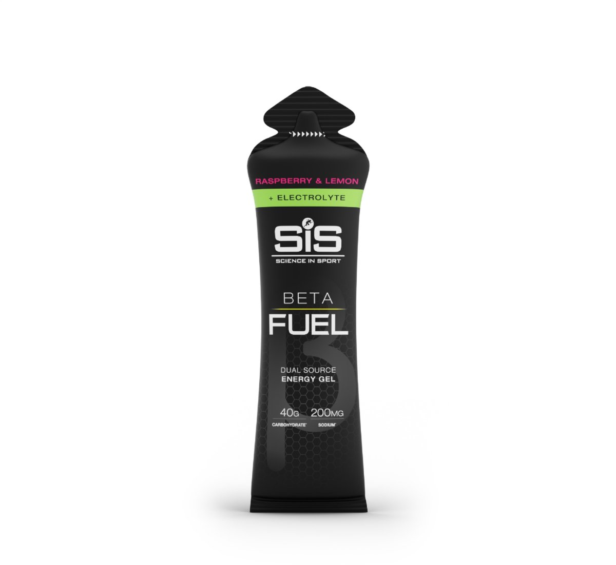Science in Sport - SIS Beta Fuel + Electrolyte Gel - Raspberry & Lemon smaak - 1:0,8 Maltodextrine-Fructose verhouding - 40 gram koolhydraten + 200mg natrium per gel - 15 x 60ml