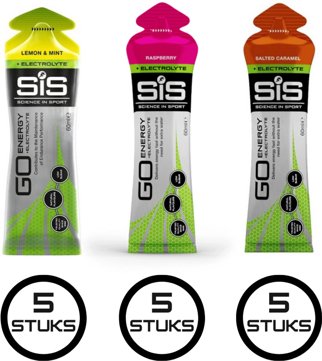 Science in Sport - SIS Go Energy + Electrolyte Mix - Lemon Mint, Raspberry & Caramel - Sportgel - Energie gel - Isotone Sportgel - 15 x 60ml