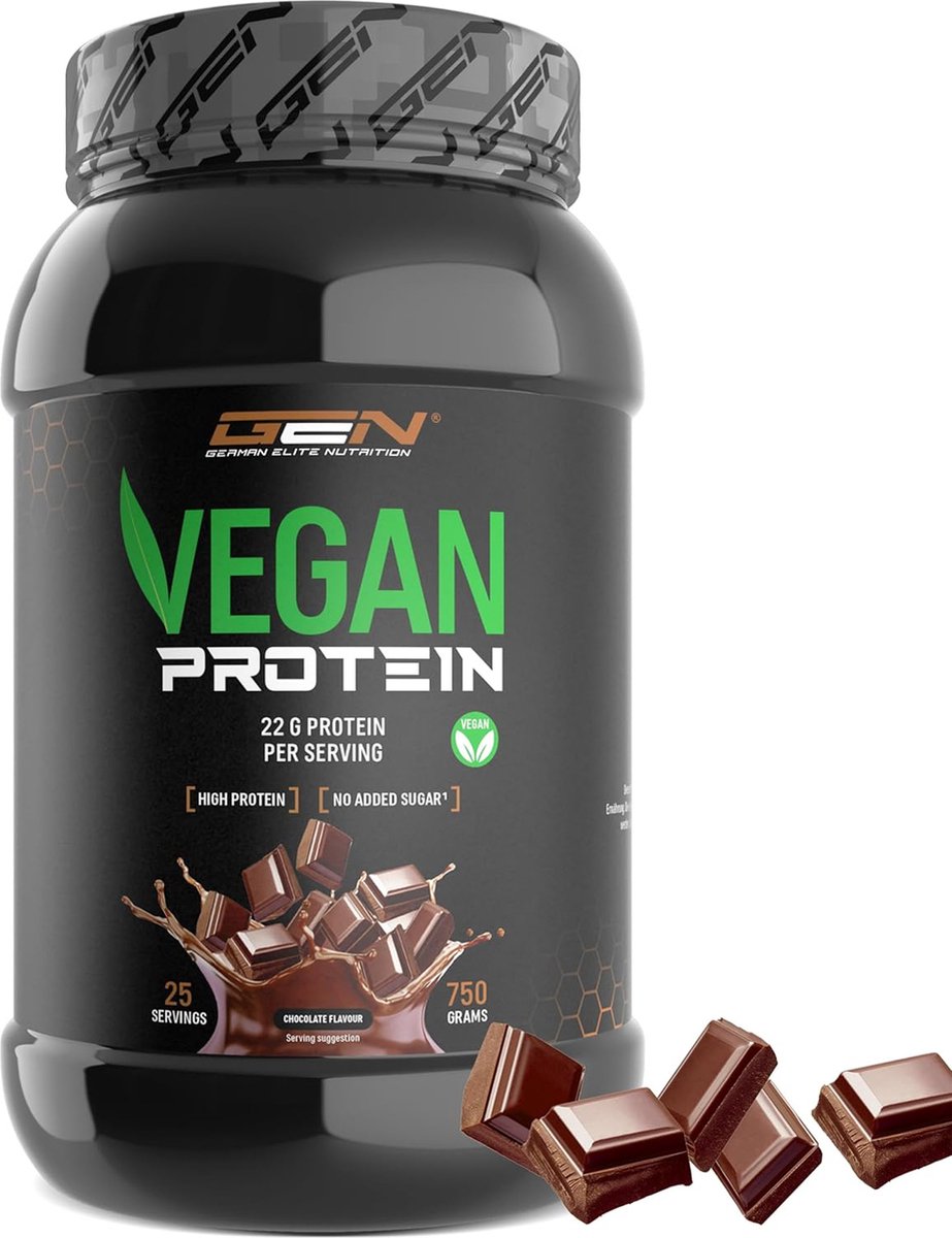 Vegan Protein - Plantaardig eiwit van erwt, rijst, amandel en hennep - Soja-vrij - Heerlijk & romig - (750 g, Chocolade)