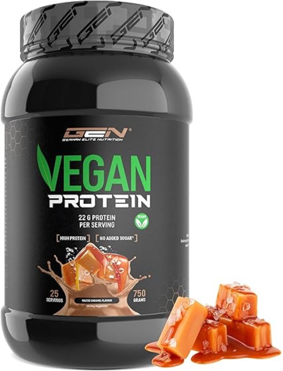 Vegan Protein - Plantaardig eiwit van erwt, rijst, amandel en hennep - Soja-vrij - Heerlijk & romig - (750 g, Gezouten Caramel)