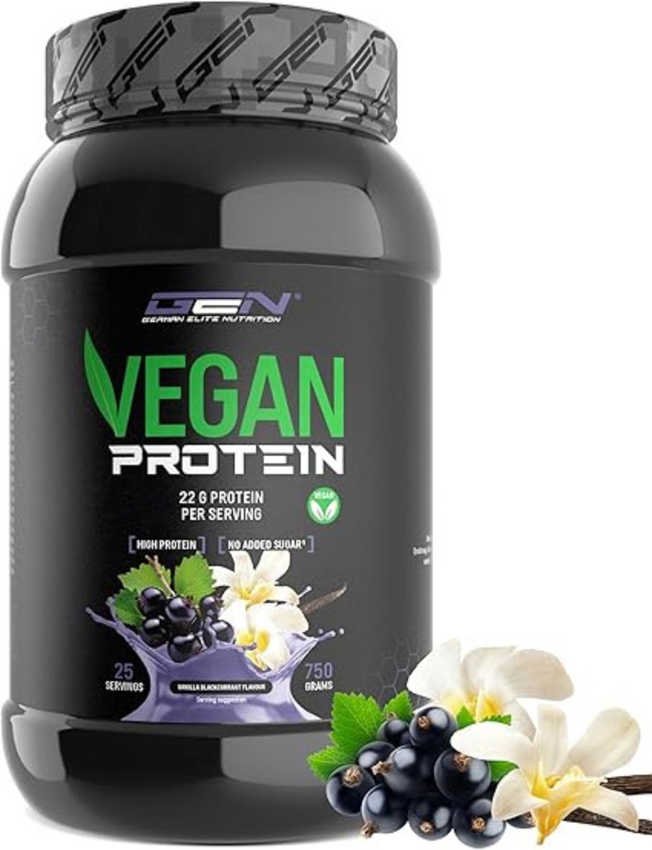 Vegan Protein - Plantaardig eiwit van erwt, rijst, amandel en hennep - Soja-vrij - Heerlijk & romig - (750 g, Vanille Zwarte Bes)