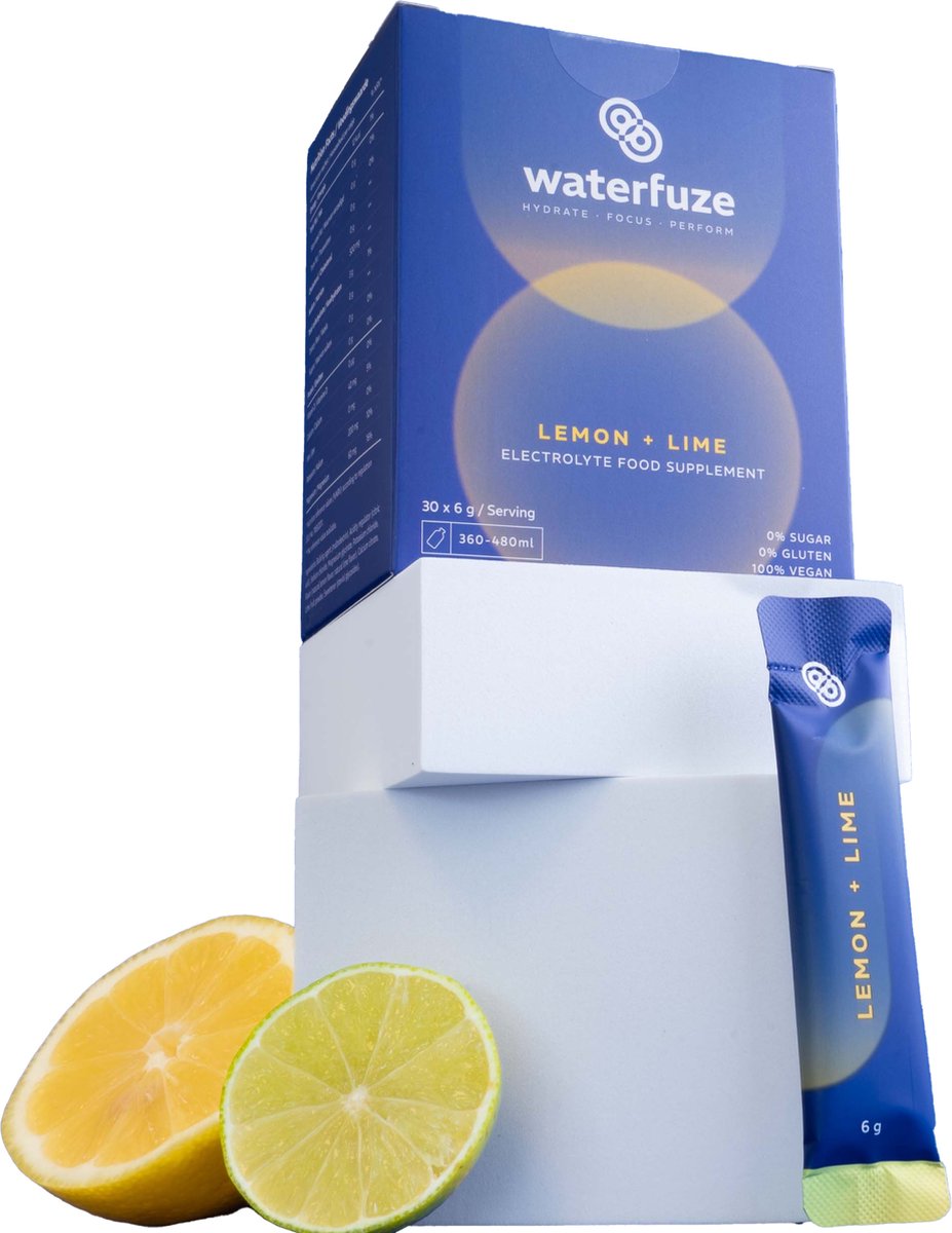 Waterfuze Elektrolyten Electrolytes poeder - Citroen & Limoen - 30 zakjes van 6g - Magnesium, Calcium, Kalium, Natrium - Voedingssupplement - Mix met water - glutenvrij - suikervrij
