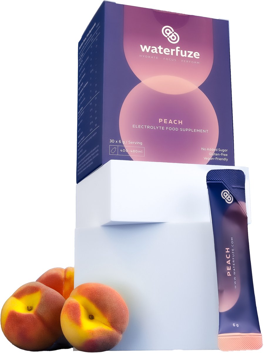 Waterfuze Elektrolyten Electrolytes poeder - Perzik - 30 zakjes van 6g - Magnesium, Calcium, Kalium, Natrium - Voedingssupplement - Mix met water - glutenvrij - suikervrij