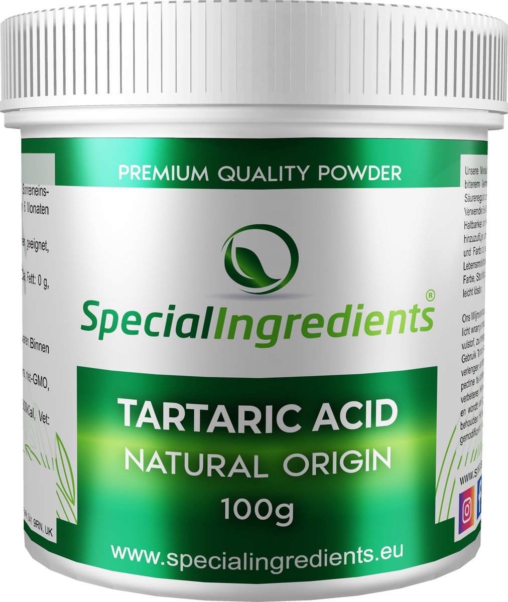Wijnsteenzuur (Tartaric Acid) - 100 gram - Zuurteregelaar & Textuurverbeteraar - Perfect voor Bakken, Wijn & Snoepgoed - Voorkomt Kristallisatie - Vegan & Glutenvrij - Moderne Gastronomie - Moleculair Koken - Hersluitbare Pot - Recycled Plastic