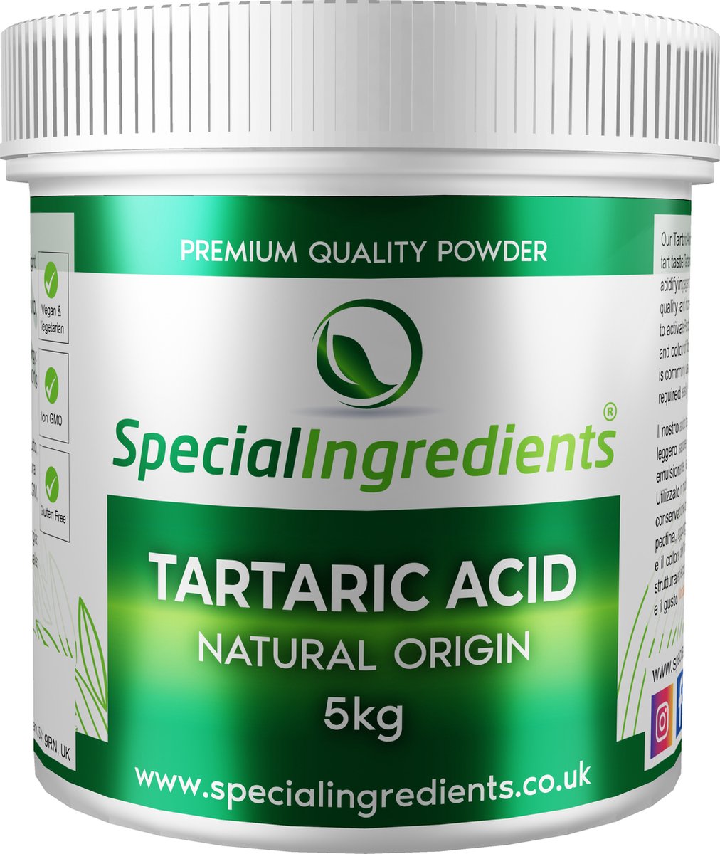 Wijnsteenzuur (Tartaric Acid) - 5 kilo - Zuurteregelaar & Textuurverbeteraar - Perfect voor Bakken, Wijn & Snoepgoed - Voorkomt Kristallisatie - Vegan & Glutenvrij - Moderne Gastronomie - Moleculair Koken - Hersluitbare Pot - Recycled Plastic