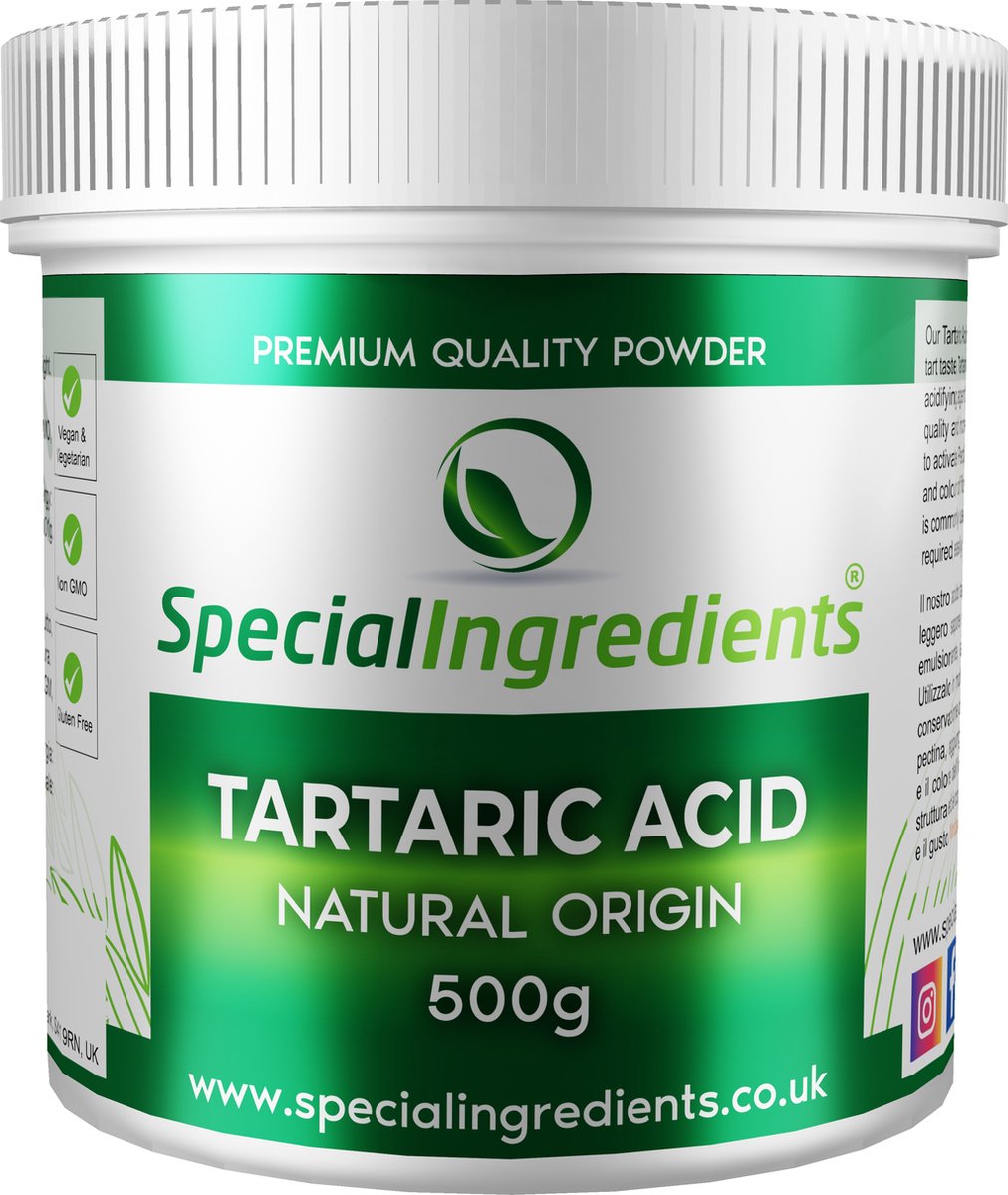 Wijnsteenzuur (Tartaric Acid) - 500 gram - Zuurteregelaar & Textuurverbeteraar - Perfect voor Bakken, Wijn & Snoepgoed - Voorkomt Kristallisatie - Vegan & Glutenvrij - Moderne Gastronomie - Moleculair Koken - Hersluitbare Pot - Recycled Plastic