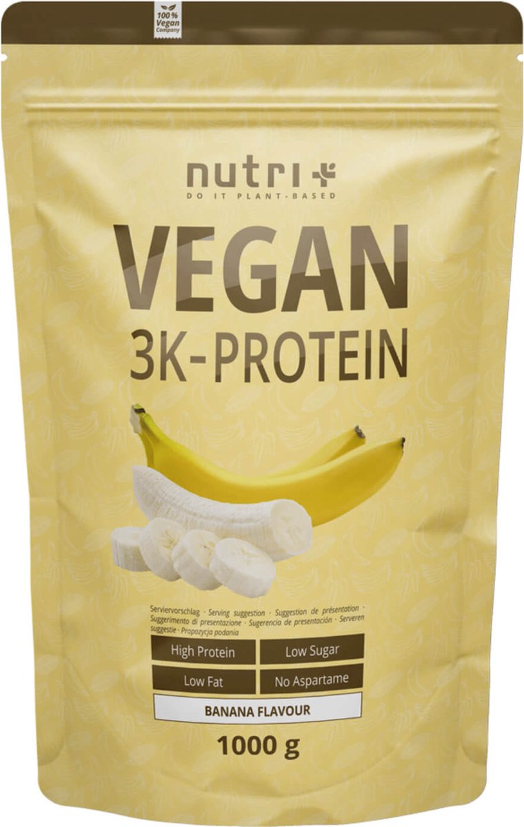 nutri+ Vegan 3K Protein - Eiwitpoeder Banana - Veganistisch proteïne poeder - met proteïnen uit soja, erwten en zonnebloem - lactosevrij en glutenvrij - 1000 g