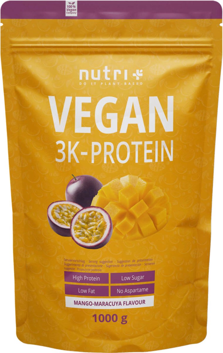 nutri+ Vegan 3K Protein - Eiwitpoeder Mango Maracuya - Veganistisch proteïne poeder - met proteïnen uit soja, erwten en zonnebloem - lactosevrij en glutenvrij - 1000 g