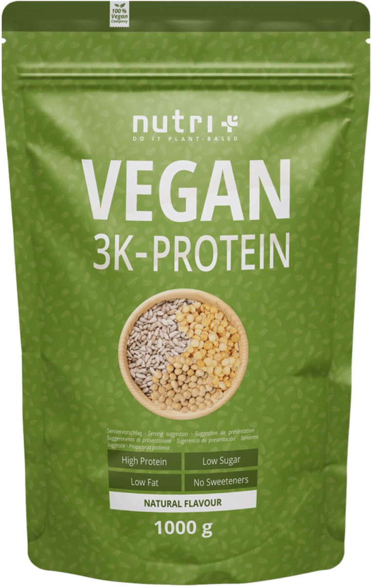 nutri+ Vegan 3K Protein - Eiwitpoeder Natural - Veganistisch proteïne poeder - met proteïnen uit soja, erwten en zonnebloem - lactosevrij en glutenvrij - 1000 g