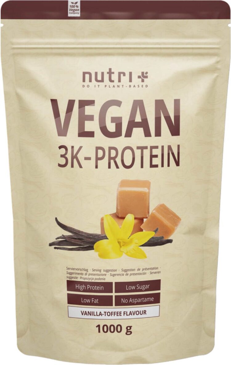 nutri+ Vegan 3K Protein - Eiwitpoeder Vanilla Toffee - Veganistisch proteïne poeder - met proteïnen uit soja, erwten en zonnebloem - lactosevrij en glutenvrij - 1000 g