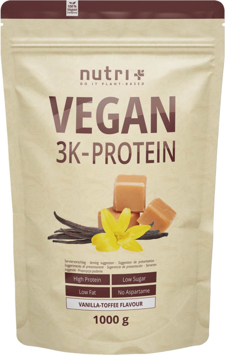 nutri+ Vegan 3K Protein - Eiwitpoeder Vanilla Toffee - Veganistisch proteïne poeder - met proteïnen uit soja, erwten en zonnebloem - lactosevrij en glutenvrij - 1000 g