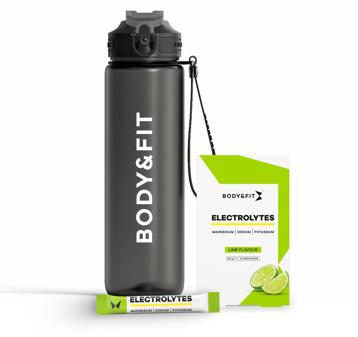 Body & Fit Electrolytes met Drinkfles - Elektrolyten Poeder met Waterfles - Elektrolyten Drink - Lime - 45 gram (10 sticks) en 1L Drinkfles met Rietje