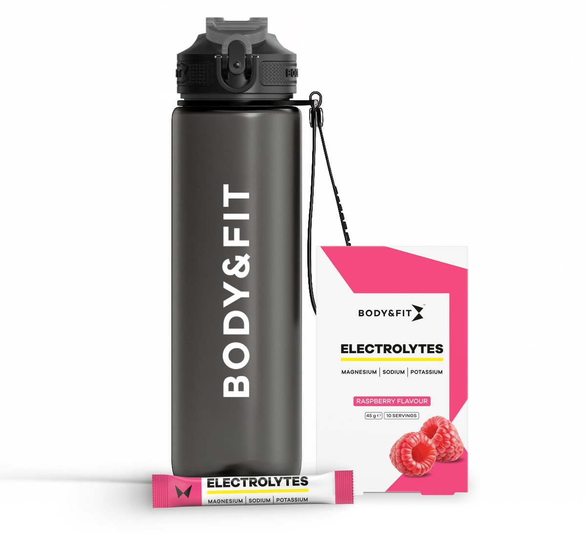Body & Fit Electrolytes met Drinkfles - Elektrolyten Poeder met Waterfles - Elektrolyten Drink - Raspberry - 45 gram (10 sticks) en 1L Drinkfles met Rietje