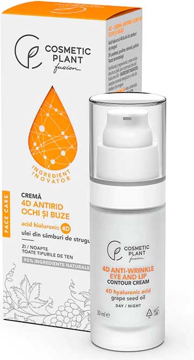 Cosmetic Plant 4D - Eye and Lip Contour Anti-Wrinkle Cream with 4D Hyaluronic Acid & Grape Seed Oil 30 ml, 95% natural ingredients