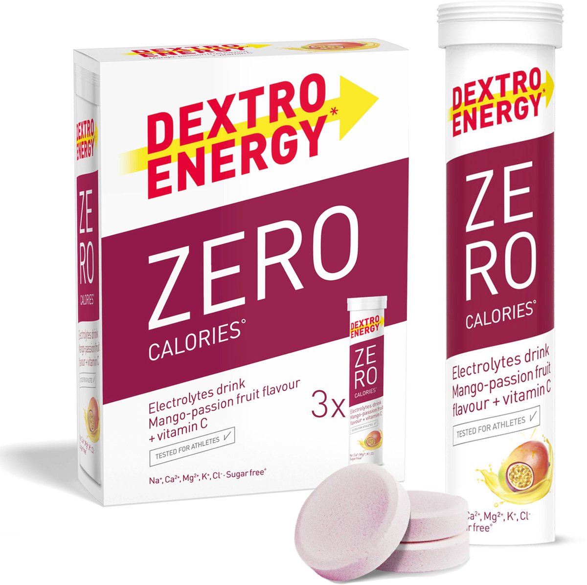 Dextro Energy Zero Calories Mango Passion Fruit - Elektrolyten Sportdrank - Suikervrij - Electrolytes Drink - 3 x 20 tabletten (30 Liter)