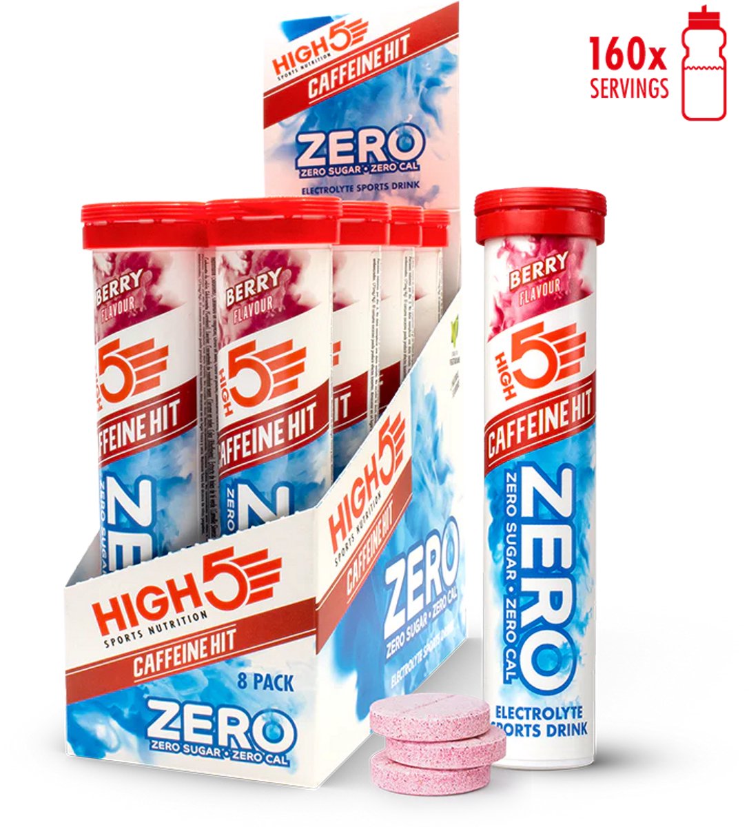 HIGH5 - ZERO Caffeine Hit - Suikervrije Elektrolyten Bruistabletten - Met Cafeïne & Verfrissende Bessen Smaak - 8x20 Stuks - Voor Energie & Hydratatie bij Sport