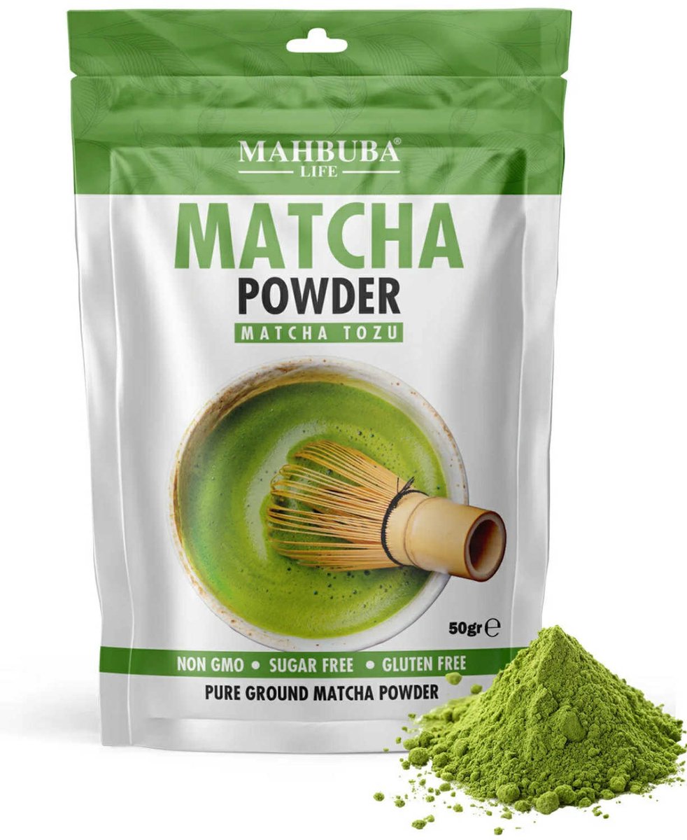 Mahbuba Life Matcha Poeder - 100% Pure Gemalen Groene Thee - Suikervrij, Glutenvrij & Non-GMO - Detox - Rijk aan antioxidanten - Energie en focus - Boost voor metabolisme - 50 g