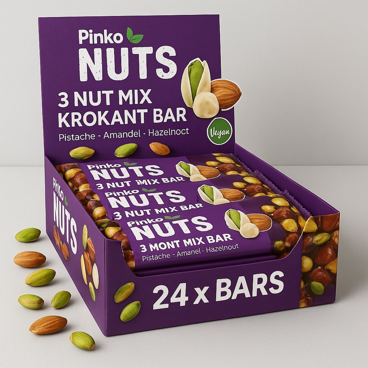 Pinko 3 Noten Krokant 24 Repen x 40 gr Voordeelverpakking Pistache Amandel Hazelnoot Gluten Free Vegan 15% Protein Notenbar Notenreep