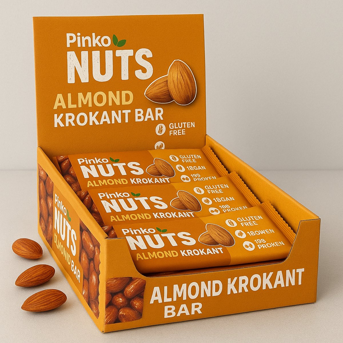 Pinko Amandel Krokant 24 Repen x 40 gr Voordeelverpakking Notenreep Notenbar Gluten Free Vegan 18% Protein