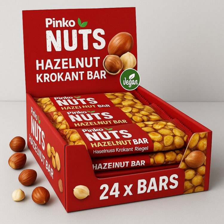 Pinko Hazelnoot Krokant Bar 24 Repen x 40 gr Voordeelverpakking Gluten Free Vegan 12% Protein Notenbar Notenreep