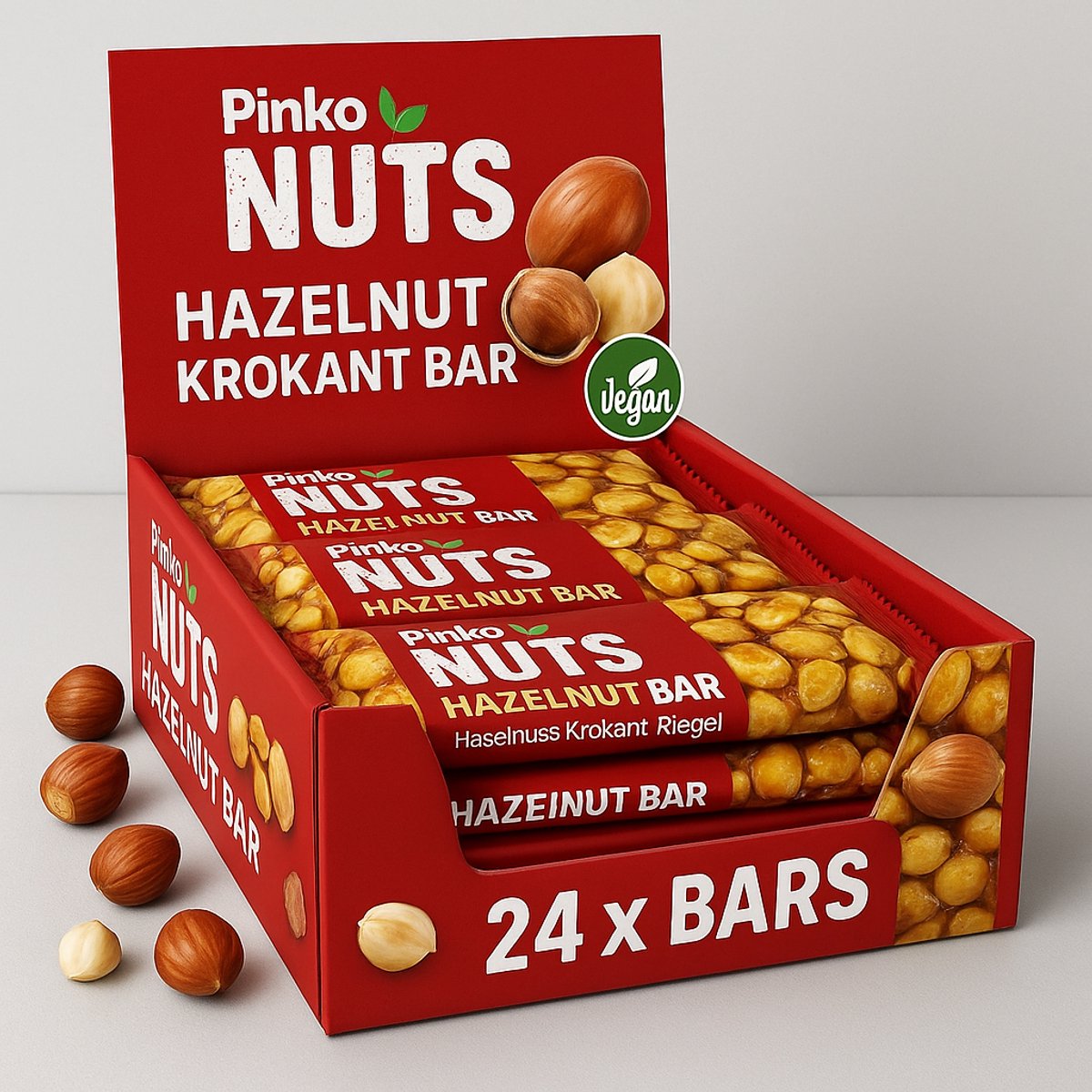 Pinko Hazelnoot Krokant Bar 24 Repen x 40 gr Voordeelverpakking Gluten Free Vegan 12% Protein Notenbar Notenreep