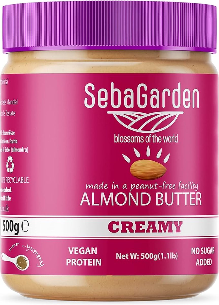 Seba Garden Amandelboter 500g Puur Natuurlijke Romige Zachte Amandelboter Spread, 100% Amandelen, Paleo, Keto Vriendelijk, Zonder toegevoegde SUIKER / 100% Almond Butter Pure Natural Creamy Smooth 100% Almonds Butter Spread, Paleo, Keto Friendly